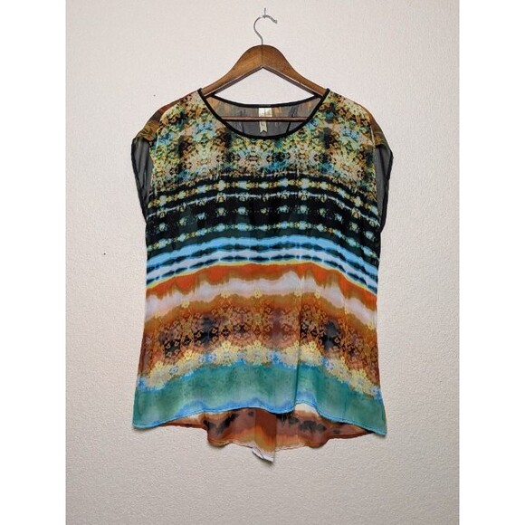 Colorful Abstract Sheer Blouse Size PXL Made in USA Festival Artsy Retro Flowy - Picture 9 of 10